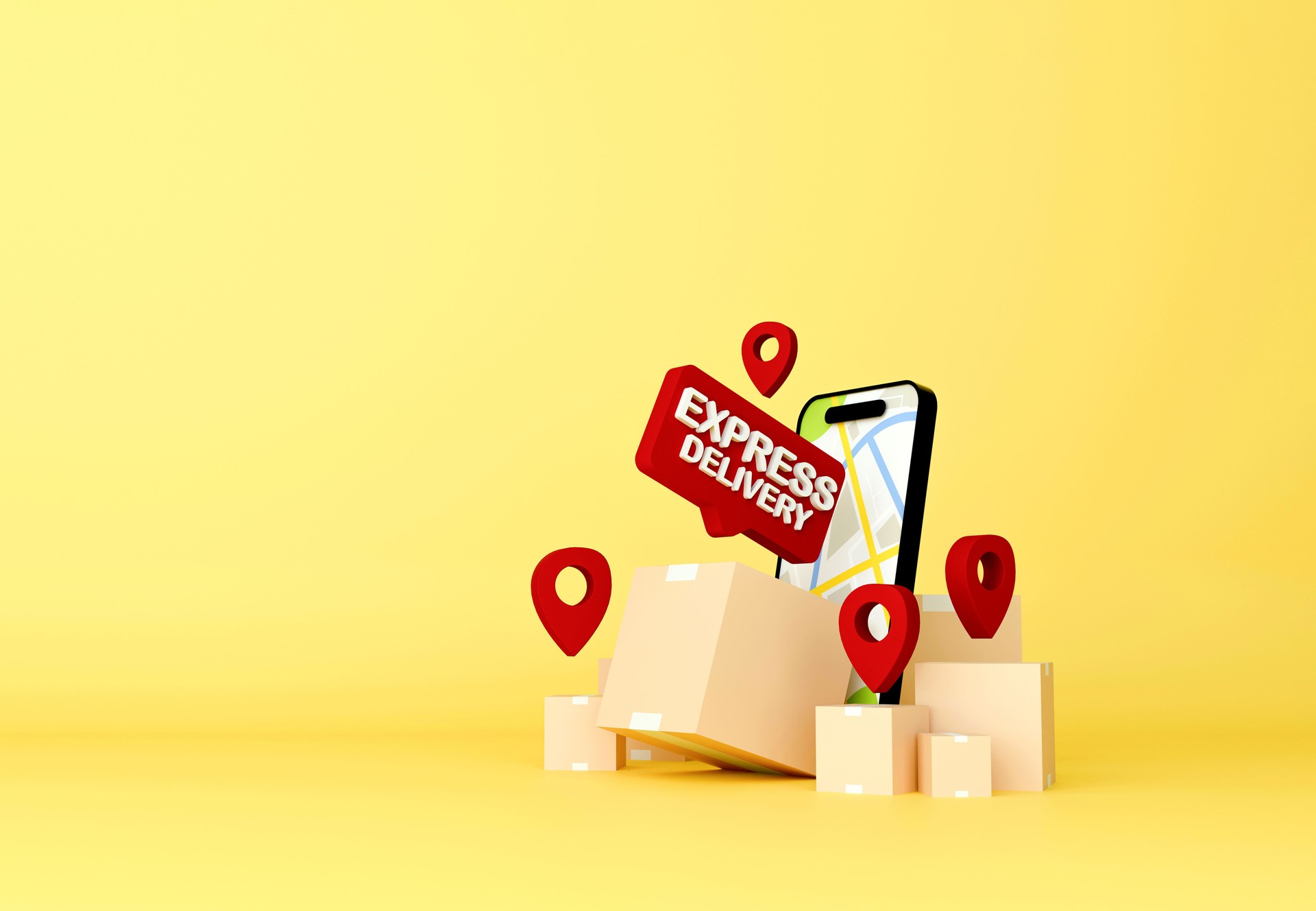 Express delivery concept with phone, parcels, and location pins for fast logistics and shipping